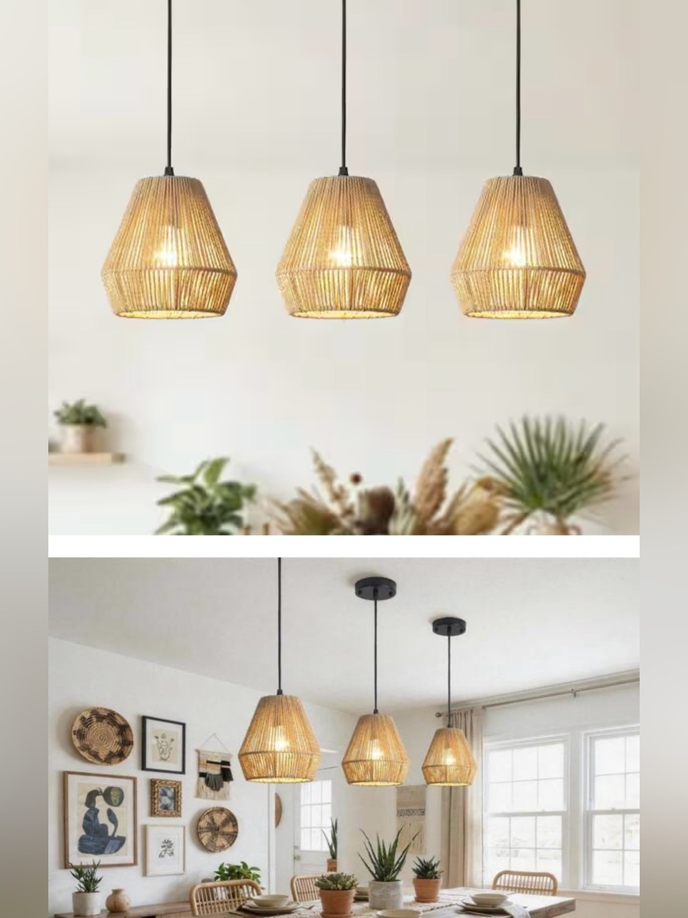 New 60-Watt 1 Light Black and Brown Hemp Rope Pendant Light Set of 2 Pendants